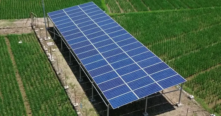 Panel surya penggerak pompa air di sawah, dilihat dari udara