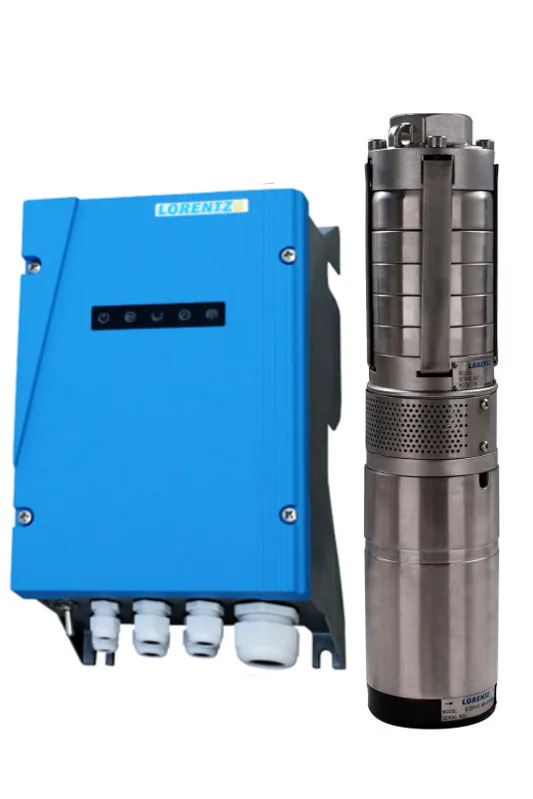 Pompa surya LORENTZ PS2-150: controller biru dan pompa submersible stainless untuk sumur bor 4 inci