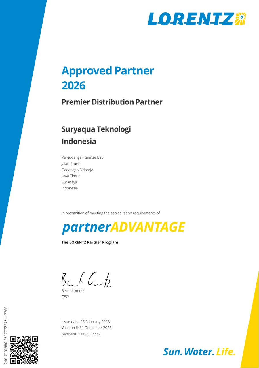 Sertifikat LORENTZ Approved Partner 2026 Premier Distribution Partner atas nama Suryaqua Teknologi Indonesia